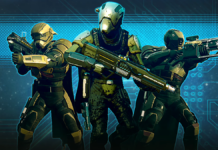 An image of three helldivers, posed in heroic fashion, advertising Helldivers 2