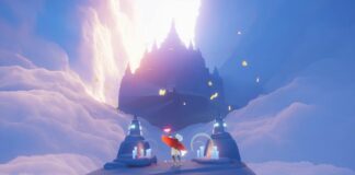 Sky: Children of the Light - a player holds a butterfly on their hand while standing in front of a temple floating in the clouds at sunset