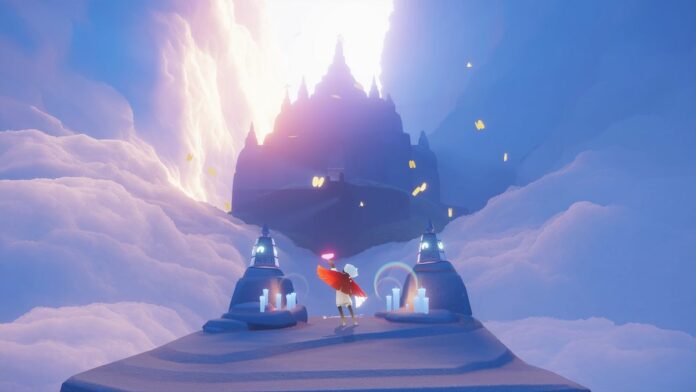 Sky: Children of the Light - a player holds a butterfly on their hand while standing in front of a temple floating in the clouds at sunset