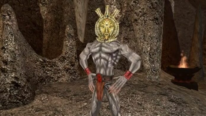 Dagoth Ur, the final boss of Morrowind, stands with hands on hips.