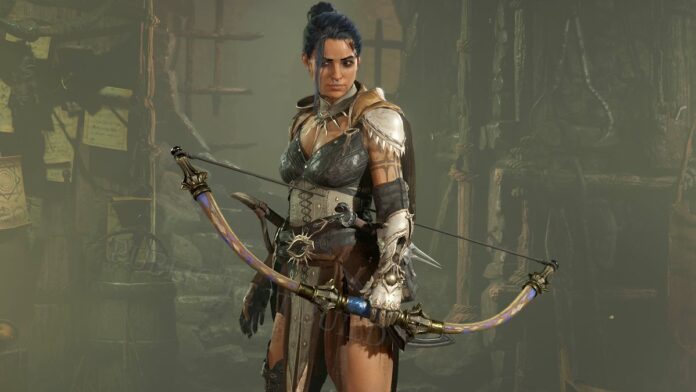 A rogue in Diablo 4 standing in front of a dark background holding a bow