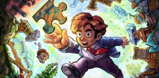 Braid Anniversary Edition key art - the Braid guy jumping to reach for a floating puzzle piece