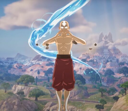 Avatar Aang in the Avatar state floating in the sky