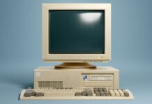 Retro 1990s style beige desktop PC computer and monitor screen and keyboard. 3D illustration.