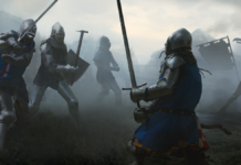 Three knights fighting on a misty battlefield 