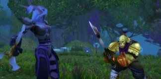 A night elf faces off against an orc warrior in World of Warcraft Classic, amidst the dense shadowy woodland of Ashenvale.