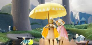 Sky: Children of the Light - two players stand together uner an umbrella at a little lake party in a forest