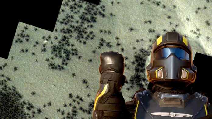 Helldivers soldier in front of satellite imagery of Mars