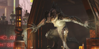 A deathclaw from Fallout 4 clings to the edges of its cage, ready to do battle.