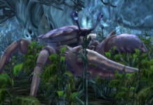 A crab in World of Warcraft, situated in Deadwind Pass along craggy grey rocks and dense foliage.