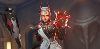 Overwatch 2 character Mercy wearing new red and black Talon mythic skin clenching her fist