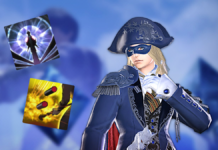 A blue mage adjusting their collar in a smug fashion in Final Fantasy 14, while next to two troublesome abilities.