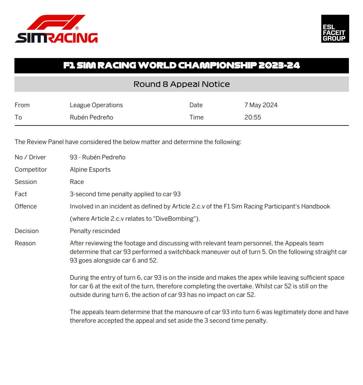 2023-24 Round 8 Race Appeal No 470 - Car 93