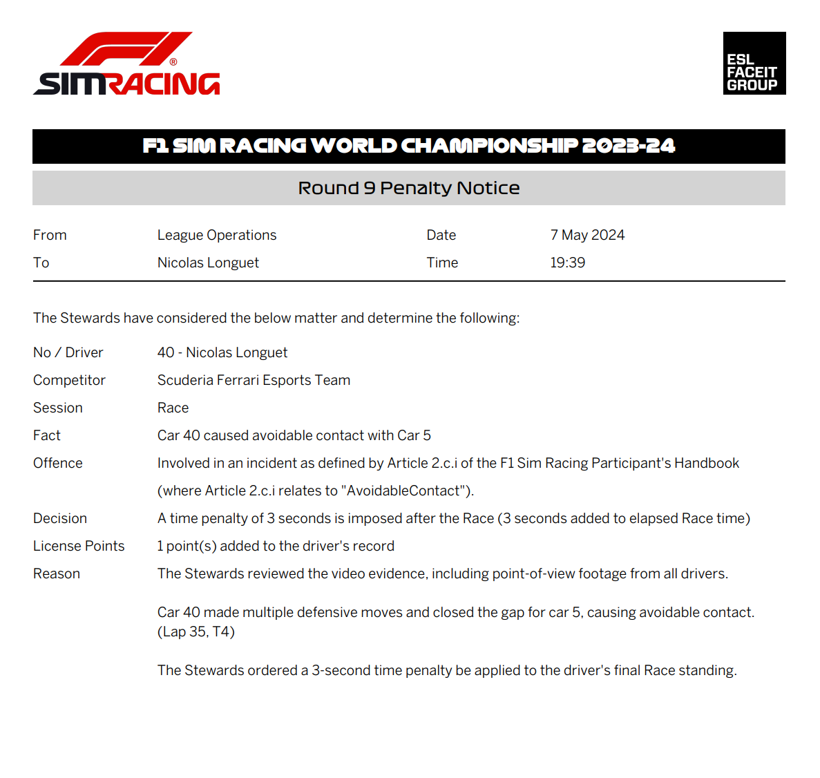 2023-24 Round 9 Race Offence No 502 – Car 40