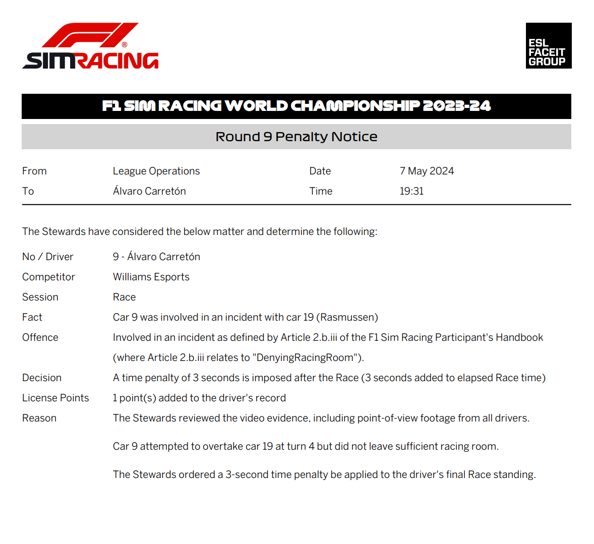 2023-24 Round 9 Race Offence No 507 - Car 9