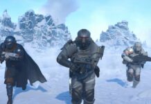 Three Helldivers run towards the camera in a snowy landscape.