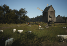 A peaceful and pastoral field with several sheep gathered, as featured in Manor Lords.