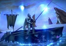 In Mortal Crux, a knightly player character fishes from atop a rowboat on a moonlit bay.