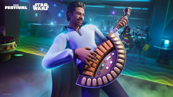 Lando Calrissian Fortnite skin in action with Cloud City Model Back Bling and Vibro-Ax Pickaxe