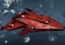 A red PYTHON MK II STELLAR spaceship in Elite Dangerous.