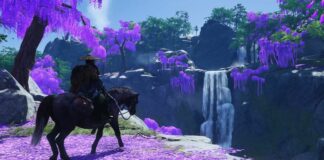 Ghost of Tsushima horse choice - a samurai is riding a horse towards a ravine with purple blossoms on trees nearby