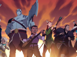 The adventurers of Vox Machina line up heroically, posed in front of a bright, glowing background.