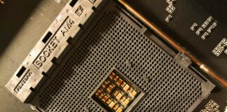 A close-up photo of AMD