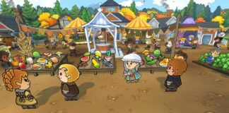 Echoes of the Plum Grove - villagers mingle at an autumn market in the town square
