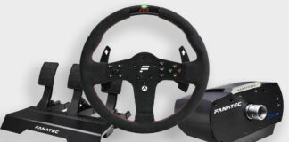 Fanatec CSL Elite racing wheel components on grey.