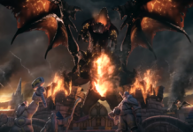Deathwing roars with his wings spread over the smouldering ruins of Stormwind, in the WoW: Cataclysm Classic trailer.