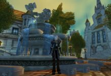 WoW Cataclysm transmog - a draenei is standing in Stormwind city next to fountain