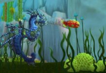 WoW seahorse mount - a blood elf is riding a blue seahorse near the ocean floor