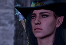Shadowheart, wearing a fancy cowboy hat, looks fairly perplexed in a moonlit environs in Baldur