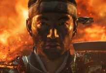 A close-up of Jin from Ghost Tsushima, a raging fire behind him.
